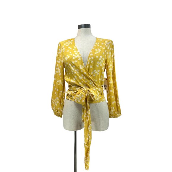 BILLABONG Love Wrapped Crop Top Sz L Yellow Floral Peasant Long Sleeve Tie Waist - Picture 7 of 14